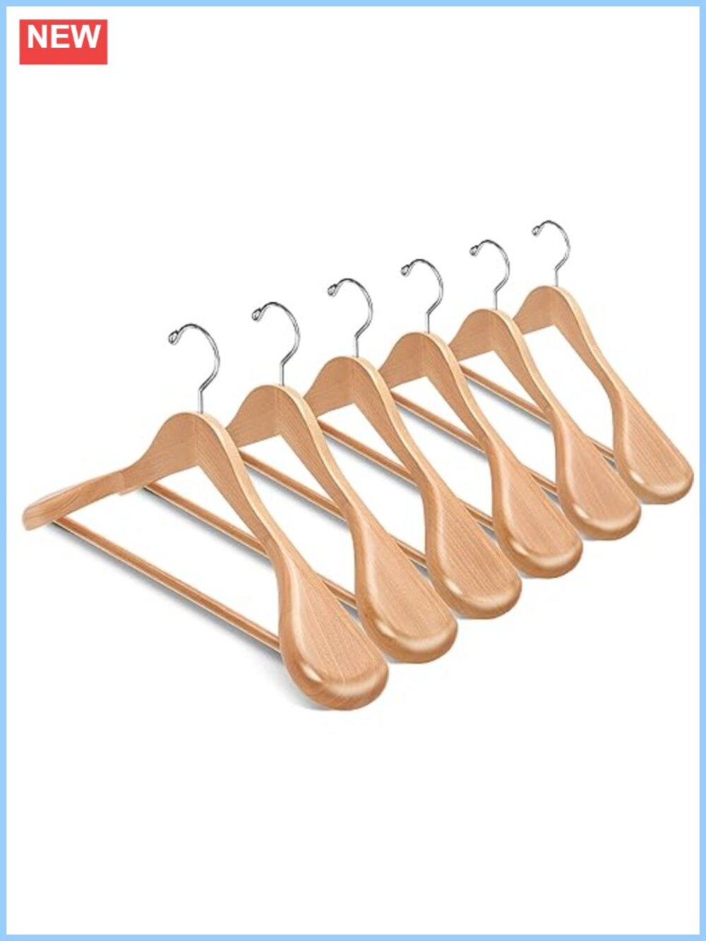 Set of 6 Natural Wood Suit Hangers with Pants Bar